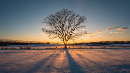 Trees in a snowy scene at sunrise, symmetrical composition, shining with golden light, shadows stretching on the ground. Warm tones and serene wide-angle shooting.