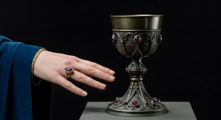 Luxurious Medieval Chalice: Woman's Hand in Velvet Sleeve Reaching for Ornate Goblet with Ruby Jewels - Fantasy, Royalty, Renaissance, Treasure, Antique, Sacred Object