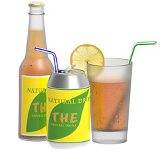 PNG. Trasparente. Tè, bicchiere bottiglia lattina..Bevanda rinfrescante isolata su sfondo trasparente.