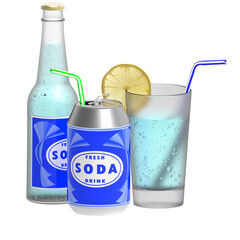 PNG. Trasparente. Soda, bicchiere bottiglia lattina..Bevanda rinfrescante isolata su sfondo trasparente.