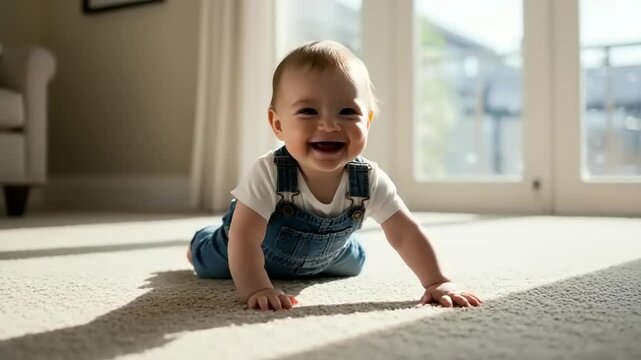 Happy baby crawling on soft carpet in sunlit living room with large windows and shadows