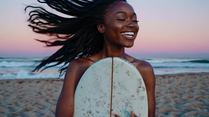 Surfer holding board stands on morning beach facing sea wind reflecting freedom courage readiness for new experiences adventure individuality fresh start lifestyle