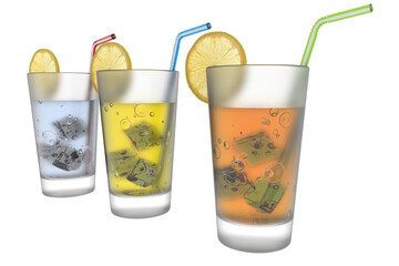 PNG. Trasparente. Illustrazione 3D. Bicchieri di bibite rinfrescanti per l'estate..