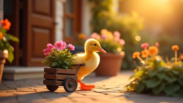 7A cute duck pulls a small wooden cart filled with pink flowers in front of a house at sunset, seamless looping 4K time-lapse animation video background
