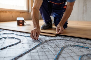 Underfloor heating installation. Closeup of worker laying heating cables on insulation material before installing wooden flooring in residential building.