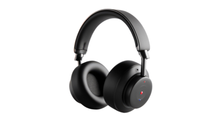Sleek Audio Bliss: A pair of modern, matte-black headphones with a minimalist design rests against the light, inviting a journey into sonic pleasure.