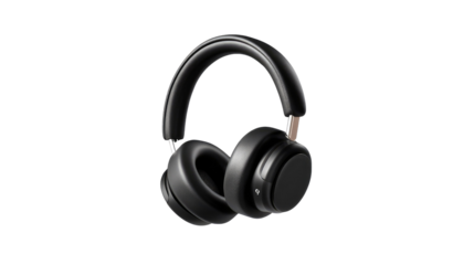 Black Headphone Isolated: A sleek, black headphone sits isolated, perfect for illustrating music and sound themes. Capturing the minimalist design and premium feel of the equipment.