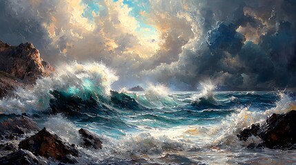 Powerful coastal storm waves with dramatic spray high resolution picture