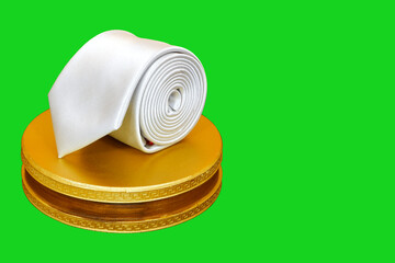 Plain white tie rolled on display board closeup view, Tie macro photography 