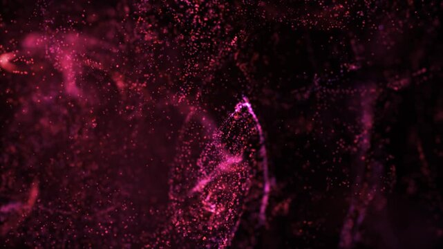 Glowing maroon red particles swirling in dark space background. Magical abstract animation of sparkling light fluid flow. Cosmic energy visualization for technology or science backgrounds