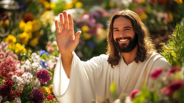 Portrait jesus in flowers garden with sunlight