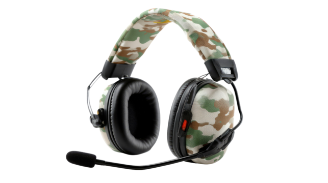 Camouflage Headset: A rugged camouflage headset, designed for optimal audio clarity, sits in sharp focus, showcasing the fusion of military aesthetic and advanced technology.