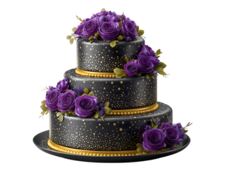 Beautiful black wedding cake with purple roses and gold dots, isolated on a transparent background