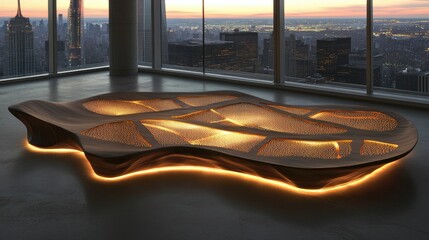 Ornate wooden bench with embedded lights.