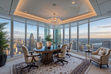 Luxurious Corner Office with Sweeping Vista and Opulent Design Showcasing Stylish Workspace and City Outlook