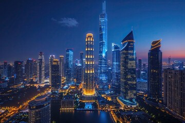 Obraz premium Vibrant Cityscape After Dark: Illuminated Skyscrapers and Modern Architecture