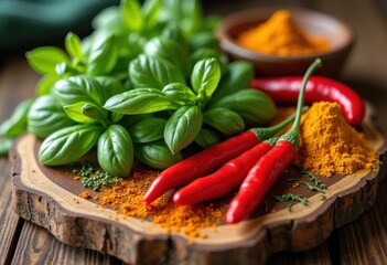 artful arrangement vibrant herbs spices rustic wooden board culinary display, aroma, color, texture, seasoning, nature, leaf, botanical, flavor, condiment