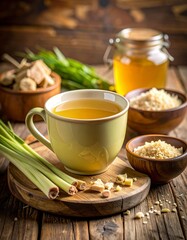Fototapeta premium A cup of steaming tea accompanied by fresh colorful vegetables offering a wholesome and inviting contrast perfect for a healthy lifestyle and nourishing moments of enjoyment