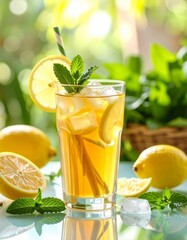 Fototapeta premium Delightful glass of fresh lemon tea perfectly brewed for an invigorating experience that brightens up any warm day with its refreshing flavor