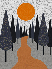 Road to the sun among tall trees in forest or park drawn by hand. Vector.
