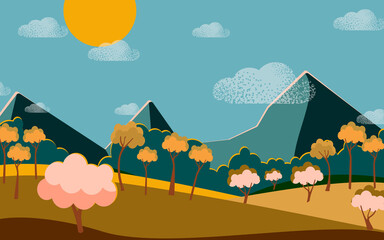 Mountain landscape with trees and fields on a clear day. 