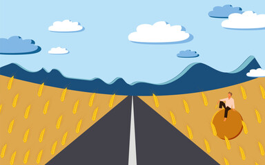 A farmer sits on a haystack in a wheat field watching the road leading to the mountains.  Vector