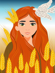 Beautiful young woman with long red hair stands in a field of golden wheat ears against a clear blue sky with a bird of peace. Vector.