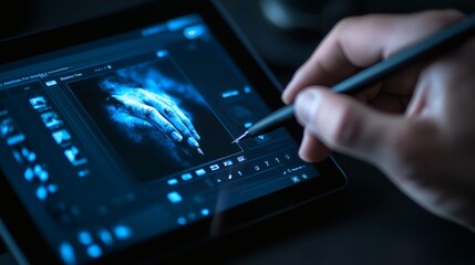 Creative Digital Art Process: Hand Using Stylus on Tablet for Innovative Artwork Creation