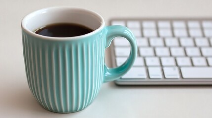 Freshly Brewed Coffee Cup Next to a Modern Computer Keyboard on a Clean Workspace