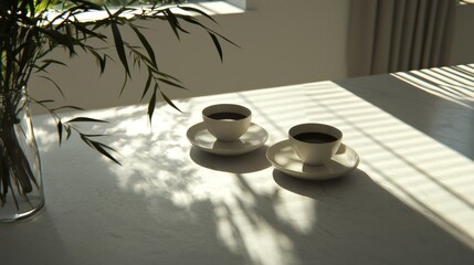 Relaxing Morning Scene with Coffee Cups and Soft Natural Light on a Peaceful Table Setting