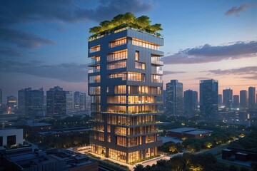 Obraz premium Modern Sustainable High-Rise Buildings with Illuminated Work Environments and Rooftop Gardens at Dusk