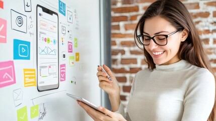 Smiling Woman Engaged in Creative Design Process with Tablet and Whiteboard in Modern Office