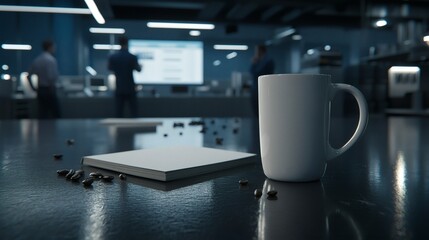 Modern Office Setting with Coffee Mug, Blank Notebook, and Business Presentation in Background