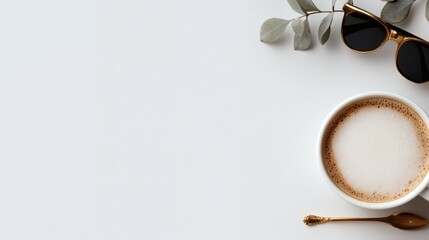 Stylish coffee cup with spoon, sunglasses, and eucalyptus leaves on minimalistic white background