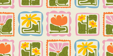Colorful abstract flower seamless pattern illustration. Children style floral doodle background collection, funny basic nature shapes wallpaper. Spring nature art print, vintage flowers texture.