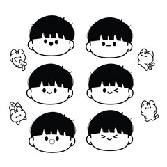 Cute boy faces with various expressions and cartoon animal characters in vector illustration