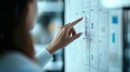 Woman Interacting with Presentation Board during Collaborative Team Meeting in Modern Workspace