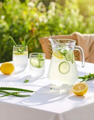 Fototapeta premium Refreshing pitcher of homemade lemonade with bright yellow color and fresh lemon slices garnishing the top creating a summertime favorite beverage perfect for any gathering or picnic