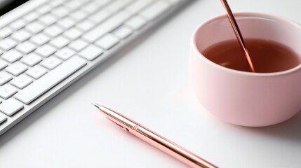 Elegant workspace with pink cup, pen, and keyboard on modern desk in soft natural light