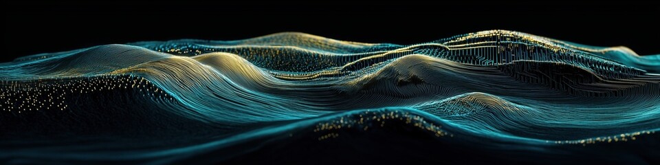 This stock image presents an abstract visualization of undulating teal and gold lines forming a textured, wave-like surface against a dark background. 