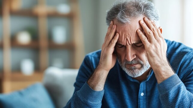 A middle-aged man sits on his couch, head in hands, overwhelmed by emotion, revealing subtle signs of chronic stress and illness in a private indoor. Serious health issue. Psychological tension. - Powered by Adobe