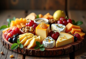 artisan cheese honey drizzled board gourmet charcuterie platter rustic wooden display cheese varieties honeycombs accompaniments, nuts, grapes, crackers, fig