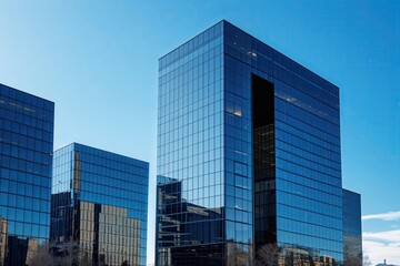 Modern Office Buildings with Reflective Glass Facades Against a Bright Blue Sky