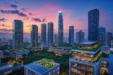 Vibrant Skyline at Twilight with Dynamic Towers, Sustainable Office Spaces, and Verdant Terraces