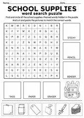 School Supplies Word Search Puzzle for Kids, Back to School Activity, Cut and Paste Activity, Printable Puzzle Game, Vocabulary Worksheet
