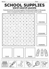 School Supplies Word Search Puzzle for Kids, Back to School Activity, Cut and Paste Activity, Printable Puzzle Game, Vocabulary Worksheet