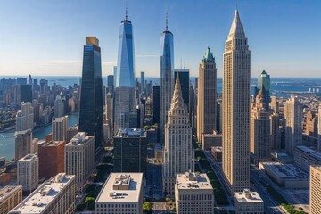 Fototapeta premium Aerial Drone Perspective of Famous Skyscrapers in Lively Urban Commercial District Under Bright Summer Skies