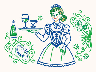 Obraz premium Princess fashion illustration of a beautiful girl in a pink spring dress holding a glass of champagne