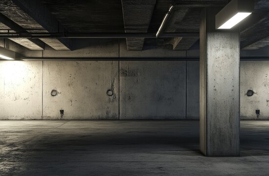 Dimly lit concrete underground parking garage with a central support column, showing textured walls and floor