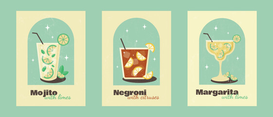 Set of postes with cocktails on green background with grunge texture.  Mojito, Negroni, Margarita. Banner for restaurant, cafe, bar, club, decorations. Poster in retro style. Flat vector illustration.